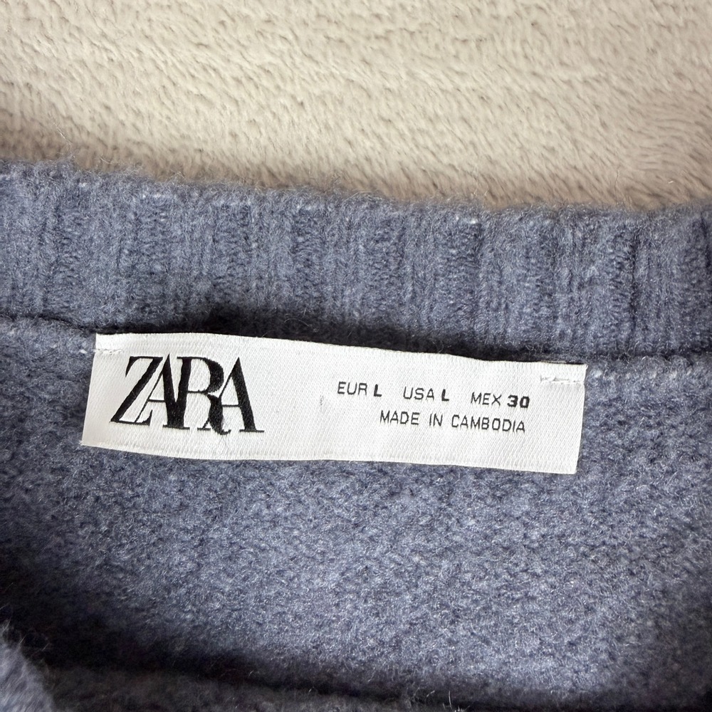 Zara Sweater Womens L Grayish Blue Wool Blend Ribbed Knit Crewneck Oversized EUC - Picture 2 of 9